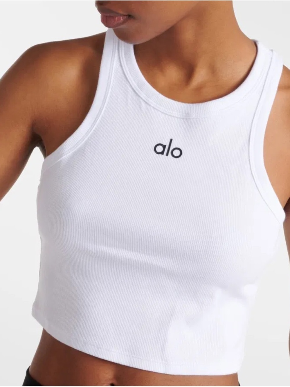 ALO Yoga White Ribbed Cropped Tank with Black Logo